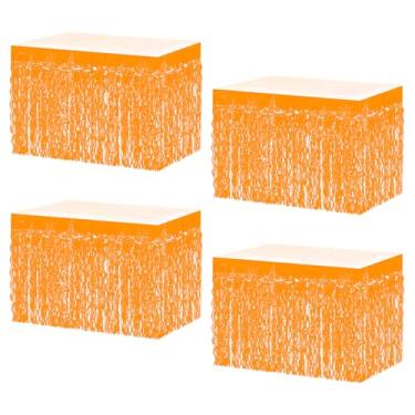 Imagem de MZJU Saias de mesa 4P onduladas metálicas com franjas para mesas retangulares, cortinas de guirlanda, para desfile, boias, casamentos, festas de aniversário, Halloween, Natal (laranja makaron)