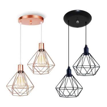 Imagem de Lustres Pendentes Duplos Aramados Modelo Diamante Com Cabo Regulável 1 Metro (Preto & Rose)