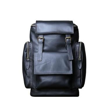 Imagem de Mochila de couro retro para homens de couro grande capacidade multifuncional mochila de viagem ao ar livre para homens(Black)