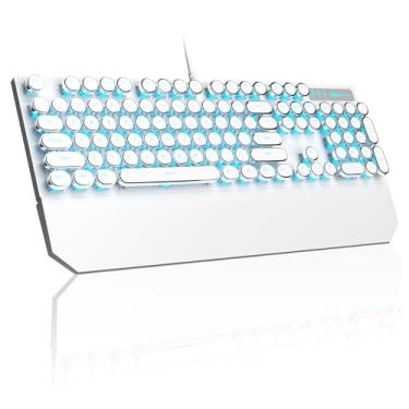 Imagem de Teclado mecânico MageGee para jogos, máquina de escrever, teclas redondas punk brancas retrô, com fio retroiluminação de LED para laptop, Mac, PC Gamer, descanso de pulso magnético, interruptor azul