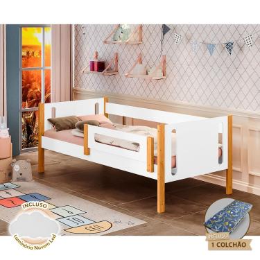 Imagem de Cama Infantil Com Colchão Mirela Com Grade De Proteção Branco+ Luminária Led