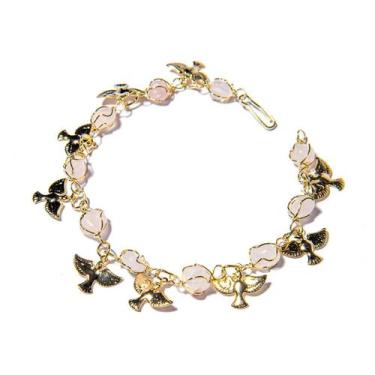 Imagem de Pulseira Verão Pedra Quartzo Rosa Gaiola Dourado Passarinho - Cristais