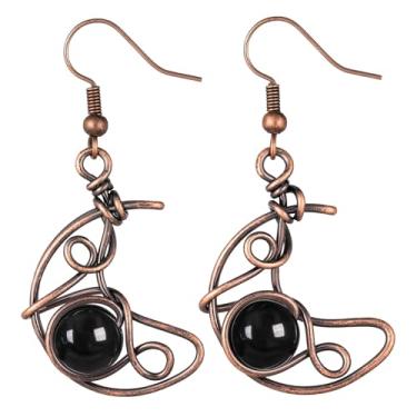 Imagem de Nupuyai Brincos femininos com pingente de cristal de lua gótico, fio de cobre, lua crescente, brincos de gota para mulheres, Cobre Cobre Obsidiana preta, Pedra de cristal obsidiana preta