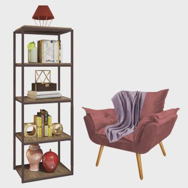 Imagem de Kit Poltrona Fatte com Manta Soft Lilás e Estante Livreiro Ferro Marrom mdf Castanho Suede Rose Gold - Ahazzo Móveis
