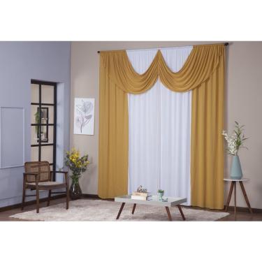 Imagem de Cortina Paris 5,00 x 2,80 Sala Quarto Decoração com Bando Malha Gel Branco e Amarelo Mostarda