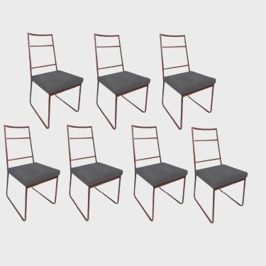 Imagem de Kit 07 Cadeiras Sala de Jantar Escritório Office Stark Industrial Ferro Bronze Suede Cinza - Ahz Móveis