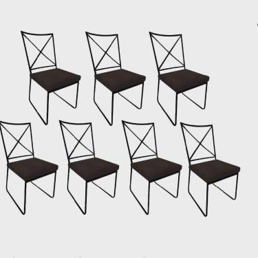 Imagem de Kit 07 Cadeiras Sala de Jantar Escritório Office Clark Industrial Ferro Preto Sintético Marrom - Ahz Móveis