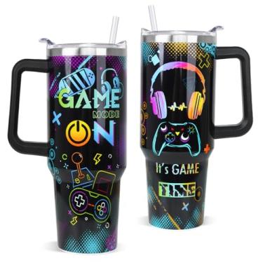 Imagem de Rcvlauf Copo para jogos com alça e canudo, caneca de café para viagem, presentes para gamers, homens, pai, pai, marido, filho, namorado, 1,134 g, equipamento de tempo para jogos