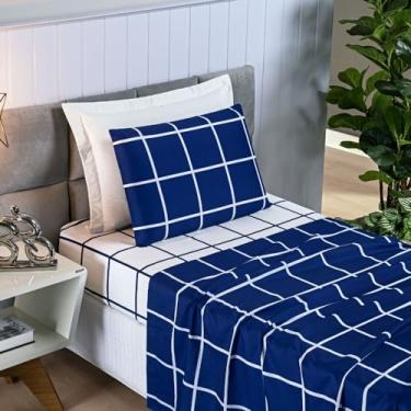 Imagem de Jogo De Cama Box Austin Lençol Solteiro 03 Peças 200 Fios Estampado - Não Faz Bolinhas - MicroPercal (Azul)