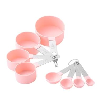 Imagem de Kit 8 Peças Medidores De Cozinha Colheres Medidor Culinário Copo Dosador Jogo Colher Aço Inox Medida Chá Café (Rosa)