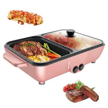 Imagem de NAWESRVA Combinação De Panela Elétrica E Grelha 2 Em 1 - Controle Duplo Temperatura, Antiaderente, Aquecimento Rápido Aparelho Cozinha Interno Rosa 1200 W Para Churrasco, Bifes, Macarrão Muito Mais