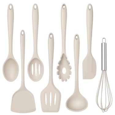 Imagem de TeamFar Conjunto de 8 utensílios de cozinha de silicone resistente ao calor, espátula, colher, batedor, utensílios de cozinha antiaderentes, pode ser lavado na lava-louças - cáqui