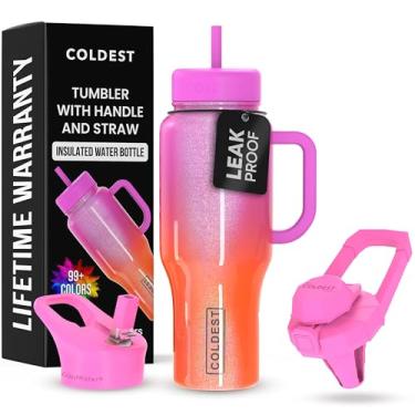 Imagem de Copo Coldest com alça e canudo - Copo 100% à prova de derramamento com canudo (3 tampas) - Copos isolados de aço inoxidável à prova de vazamento para mulheres e homens - 1,020 g (glitter estrela de