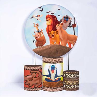 Imagem de Kit Painel de Festa Redondo de 1,80m e Trio de Cilindros Rei Leão - Fera Print