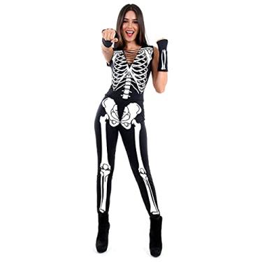 Imagem de Fantasia Halloween Feminina Caveira Esqueleto + Luvas (G 46-48)