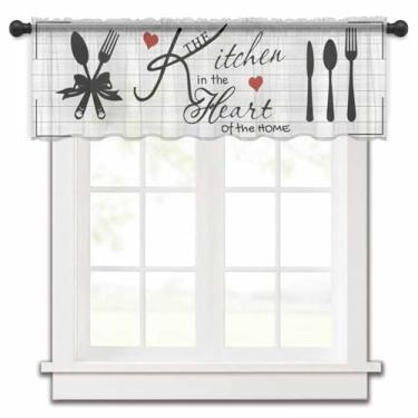 Imagem de Cortina transparente com tema de cozinha branca e preta para janelas de cozinha, granulação de madeira de fazenda, tratamentos de janela de chiffon pintado à mão, bolso para varão, saia curta para