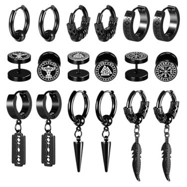 Imagem de Brincos pendentes Viking para homens e mulheres: 9 pares de brincos de aço inoxidável com plugue de calibre falso argola celta Thor Martelo de Thor brincos de penas cravadas, Aço inoxidável, Sem pedra