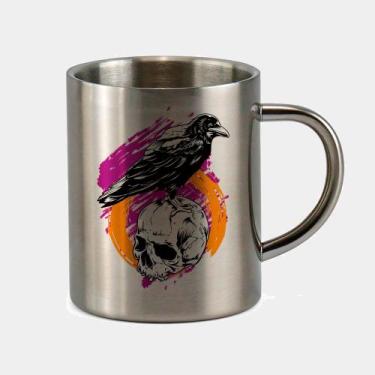 Imagem de Caneca de Inox Premium Prateada 400ml Corvo Em Cima Caveira Roxa - Cri