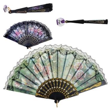 Imagem de Kit 100 Leques Japonês Oriental Tecido Floral Com Renda - WCAN