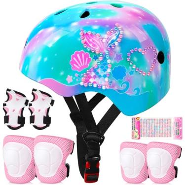 Imagem de Conjunto de joelheiras e cotoveleiras de capacete de bicicleta infantil, conjunto de equipamento de proteção ajustável com adesivos DIY para meninas de 3 a 5 a 8 anos