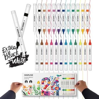 Imagem de Innmuse 24 canetas de tinta acrílica, marcador de tinta acrílica, ponta fina de 0,7 mm, ponta de pincel, tinta à base de água e à prova de água, trabalho em madeira, tela, pedra, tecido, vidro,
