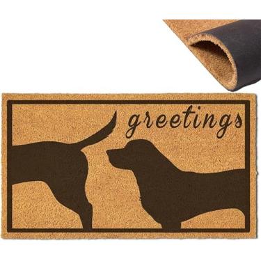Imagem de Assaoy Tapete de porta engraçado Dog Greetings, capachos pretos de coco de boas-vindas para entrada externa, tapete de chão, tapete de porta frontal de outono com suporte resistente, tapetes de
