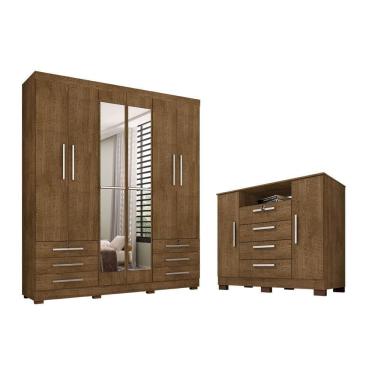 Imagem de Guarda Roupa De Casal 6 Portas Com Espelho Londres E Cômoda 2 Portas E 4 Gavetas Malbec