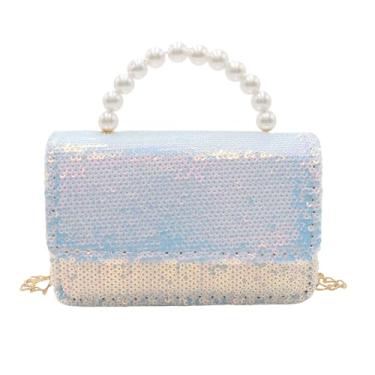 Imagem de BOLLEY JOSS Mini bolsa infantil de lantejoulas para meninas com alça de pérola, corrente dourada, bolsas transversais fofas para crianças pequenas, Quadrada-prata-azul, One Size