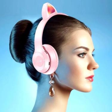 Imagem de Fone de Ouvido Bluetooth com Microfone, Design de Orelhas de Gato, LED Colorido, Sem Fio