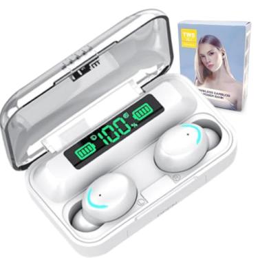 Imagem de Fone de Ouvido Bluetooth TWS F9-5 com Case Carregador Portátil 2200mAh, Som 9D Hi-Fi, Redução de Ruído, Bluetooth 5.3, Touch Inteligente, À Prova D'água, Display LED, Microfone Integrado (Branco)