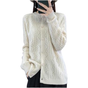 Imagem de Autumn Knit Cardigan Women Hollow Out O-pescoço cashmere jacquard solto tamanho grande camada de casaco fêmea tampos, rosa claro, l