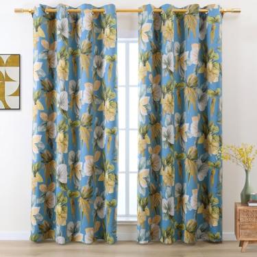 Imagem de L.Z.E Cortinas blecaute florais para quarto, azul claro e amarelo, preto, 182 cm de comprimento, 85% cortinas escurecidas para sala de estar, ilhós térmicos, conjunto com 2 painéis, retrô, short