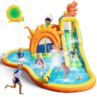 Imagem de NBSPORT Parque Aquático Inflável Com Escorregador De Dinossauros - Castelo 6 Em 1 Escorregador, Área Salto, Piscina Infantil, Parede Escalada E Cesta Basquete, Soprador 480 W Incluso, Brinquedo Para