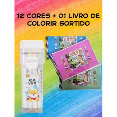 Imagem de Canetinha para pintar bobi gudi 12 cores + livro de colorir canetinha ponta dupla papelaria