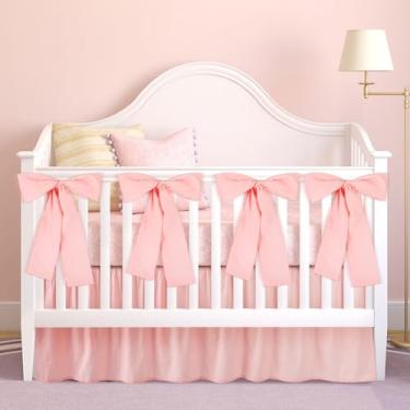 Imagem de SmoothNovelty Saias de cama de berço rosa com 4 grandes laços de berço, saia de berço para meninos e meninas, berçário, babados, 35,5 cm de altura