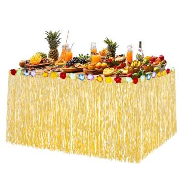 Imagem de Saias de grama de mesa de 2,5 m x 73,7 cm - Decorações de festa tropical havaiana para decoração de mesa para festa de plástico com franja de grama saia de mesa para tema de selva saia de grama