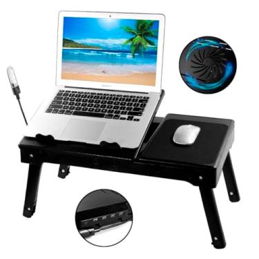 Imagem de Mesa Suporte Dobrável para Notebook com Cooler, 4 Portas USB, Lâmpada LED, Mouse Pad, Porta Objetos, Ajuste de Altura e Inclinação, Ideal para Cama, Sofá ou Escritório