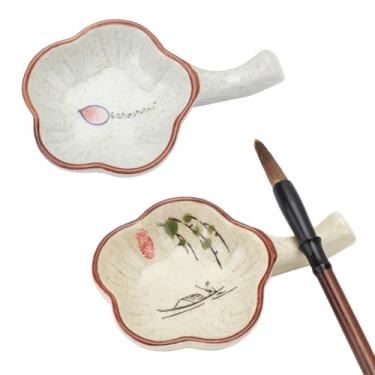Imagem de PH PandaHall Prato de tinta de cerâmica com 2 estilos de flores, prato de tinta de porcelana com alça, multifuncional, para caligrafia, suporte de descanso para caligrafia chinesa, pintura japonesa