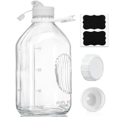 Imagem de Syntic Garrafa de leite de vidro de 2 litros com tampa hermética forte reutilizável, garrafas de suco de 1,8 l para leite de amêndoa, leite de aveia/nozes - garrafa de água de 1,8 litro com 2 linhas