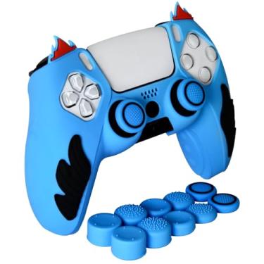 Imagem de HLRAO Capa de controle azul antiderrapante para PS5, capa protetora de silicone macia e espessa, compatível com controle PS5/Slim/Pro e 10 peças de tampas azuis para polegar.