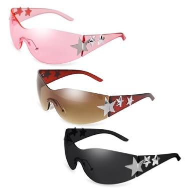 Imagem de 3 pares de óculos de sol Y2K para mulheres e homens, óculos escuros modernos envolventes, estrela sem aro, óculos grandes modernos sem moldura, Preto, marrom, rosa