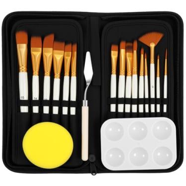 Imagem de PEOVLVN Conjunto de 18 pincéis – Inclui 15 pincéis de tinta acrílica, espátula, espátula, paleta e paleta de pincéis profissionais para pintura em tela a óleo em aquarela acrílica