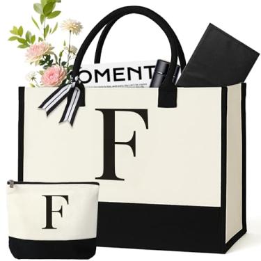 Imagem de GENGBIN Sacola de lona personalizada, presente monograma com zíper para mulheres, Branco, One Size