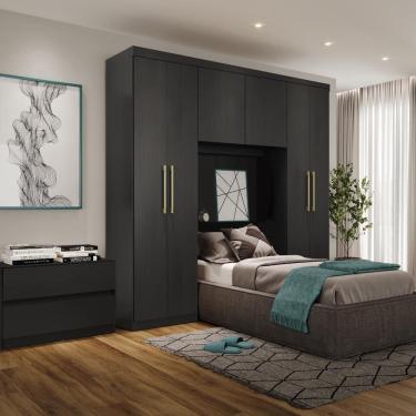 Imagem de Guarda Roupa Solteiro 6 Portas 2 Gavetas Porto Preto com Cabeceira