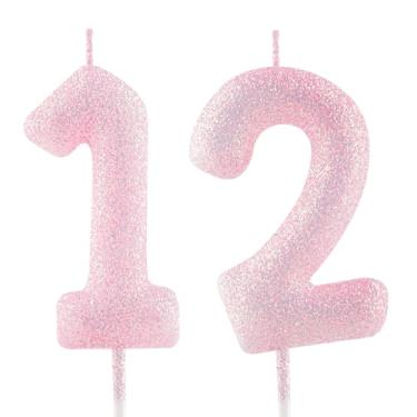 Imagem de Vela de aniversário de 12 anos, rosa, número 12, velas luminosas, enfeite de bolo, decoração de feliz aniversário, para meninas, meninos, mulheres, comemorações, artigos de festa