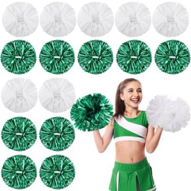 Imagem de Yunsailing Pacote com 50 pompons de líder de torcida com alça de plástico metálico para dança, jogos, esportes de esquadrão, apresentações de palco, celebração de carnaval (verde e branco fosco)