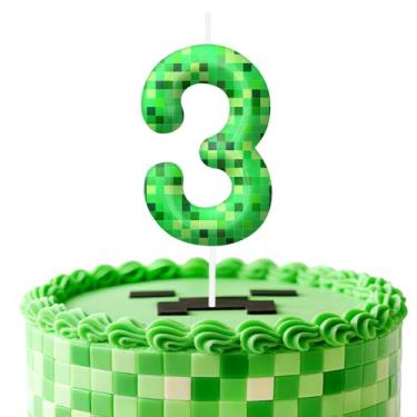 Imagem de Velas de aniversário verdes número 3, topo de bolo com tema de pixel para decoração de bolo para meninos e meninas, decorações de aniversário, suprimentos de festa, velas numéricas para decoração de