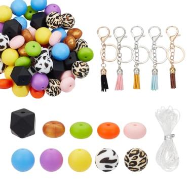 Imagem de NICENEEDED 100 contas de silicone Kandi com 5 chaveiros, contas espaçadoras de borracha poligonal de lentilha redonda de 15 mm e 14 mm, contas focais macias para fazer pulseiras de ornamentos DIY