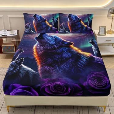 Imagem de AILONEN Jogo de lençol solteiro Howling Night Wolves, tamanho GG, lua de lobo com rosa roxa para todas as estações, lençol com estampa de animal selvagem, microfibra macia, 1 lençol com elástico e 2