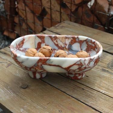 Imagem de Tigela de frutas em mármore vermelho oval natural Calacatta para balcão de cozinha 25,4 cm, tigela decorativa grande com duas pernas para decoração de casa, suporte de frutas para mesa de jantar